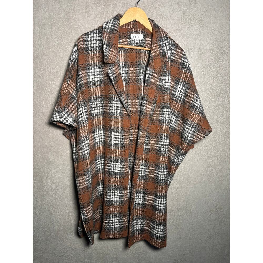 Thml‎ Anthropologie Womens Brown Plaid Short Sleeve Cardigan Coat Size Small